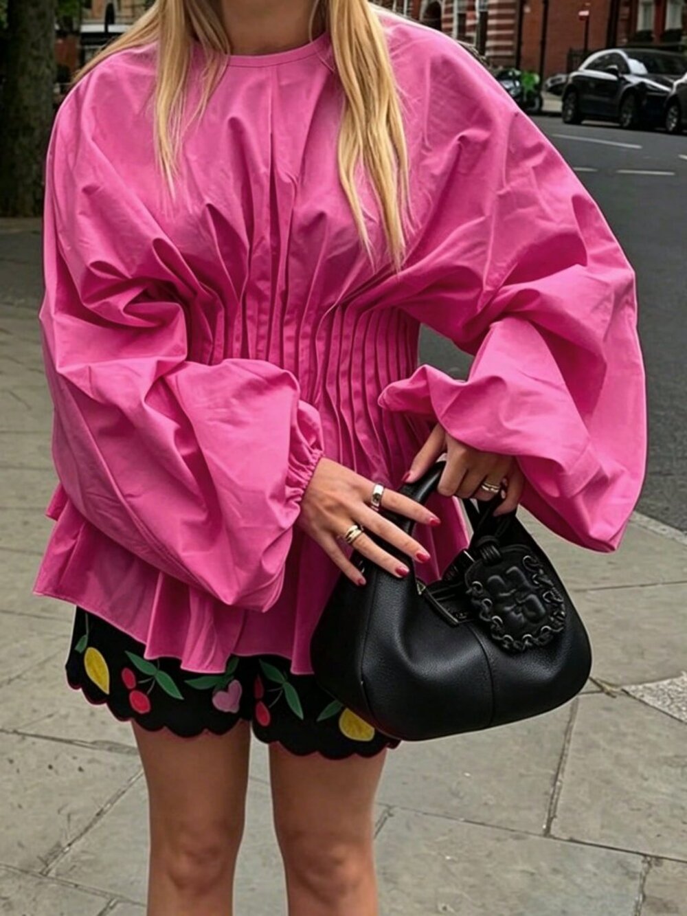 Hot Pink Casual Women's Ruffle Round Neck Blouse